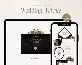 Black Floral Wedding Invitation Website Template, Editable Canva Design, RSVP Form, Wedding Invite, Digital Download