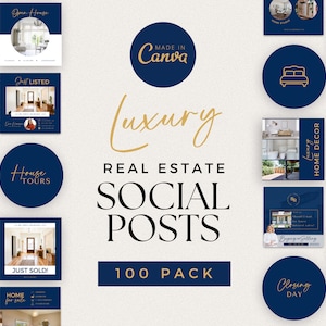 Modelli Canva per immobili blu navy, pacchetto post ed evidenziazione, modelli di post Instagram di lusso, modelli di marketing, social media per agenti immobiliari