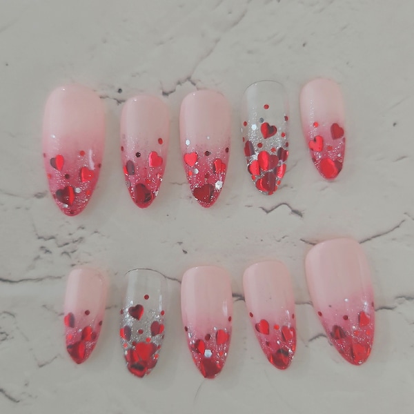 Cute heart ombre nails/medium almond/pink nails/press on nails/korean style/lovely nails