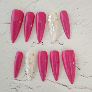 Deep pink shell point nails/pink nails/long stiletto/Korean nails/blooming nails/long nails/luxurious nails