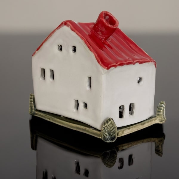 Handmade CERAMIC House | Candle Holder | Incense Burner | Illuminated House | Nordic House | House Décor | Office Décor | Gift, Cherry Red