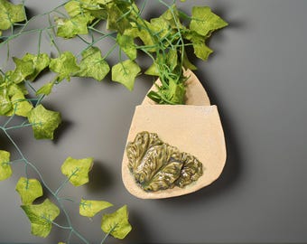 Botanical Leaf Wall Vase – Handmade Ceramic Hanging Planter | Rustic Wall Pocket
