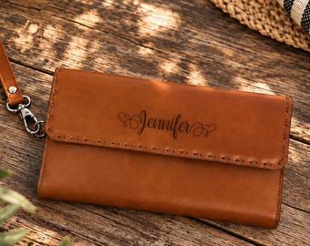 Personalized Leather Wallet for Women, Leather Zip Wallet with Wristlet, Gift for Her, Leather Clutch