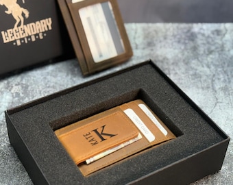 Personalized Slim Wallet – Vegan Leather Card Holder for Men, Custom Engraved Monogram or Logo, Gift Box Option, Wallet with Money Clip