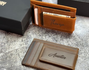 Custom Minimalist Wallet – Personalized Leather Card Holder for Men, Engraved Monogram, Wallet with Money Clip