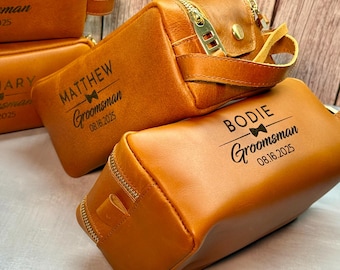 Personalized Leather Dopp Kit: Engraved Groomsmen Gift, Top Grain Toiletry Bag