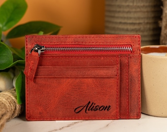 Thin Leather wallet, Birthday Gift for her, Personalized Minimalist  wallet, Leather Card Sleeve, Front pocket Card Holder