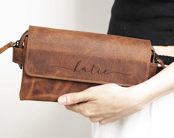 Leather Clutch Wristlet: Zipper Organizer, Minimalist Wallet
