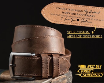 Personalized Leather Belt 3rd anniversary gift for him, Custom Engraved Belt, fathers day gift, Three year wedding anniversary