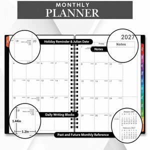 Peut inclure: Un agenda mensuel 2027 avec une reliure spirale noire et des onglets mensuels color&eacute;s. Les pages pr&eacute;sentent des blocs d'&eacute;criture quotidiens de 3,66 cm sur 3,05 cm, des rappels de jours f&eacute;ri&eacute;s, des dates juliennes et des r&eacute;f&eacute;rences mensuelles.