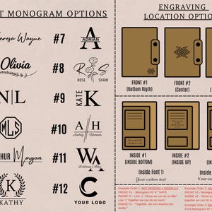 May include: A graphic showing 12 different monogram options for a personalized notebook. The options include a variety of fonts, styles, and designs. The graphic also shows the different locations where the monogram can be engraved on the notebook. The locations include the front, bottom right, center, and upper center of the notebook.