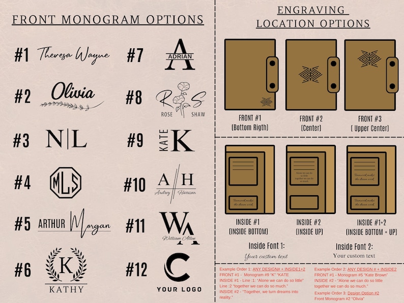 May include: A graphic showing 12 different monogram options for a personalized notebook. The options include a variety of fonts, styles, and designs. The graphic also shows the different locations where the monogram can be engraved on the notebook. The locations include the front, bottom right, center, and upper center of the notebook.