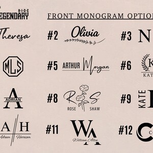 Peut inclure: Un tableau intitul&eacute; FRONT MONOGRAM OPTIONS pr&eacute;sentant douze designs graphiques et textuels noirs distincts num&eacute;rot&eacute;s de un &agrave; douze. Les styles incluent diverses polices serif et script, des illustrations florales, des formes g&eacute;om&eacute;triques.