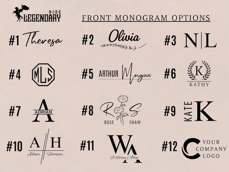 Peut inclure: Un tableau intitul&eacute; FRONT MONOGRAM OPTIONS pr&eacute;sentant douze designs graphiques et textuels noirs distincts num&eacute;rot&eacute;s de un &agrave; douze. Les styles incluent diverses polices serif et script, des illustrations florales, des formes g&eacute;om&eacute;triques.
