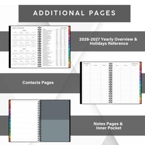 Peut inclure: Un agenda &agrave; reliure spirale comprenant des pages suppl&eacute;mentaires avec un aper&ccedil;u annuel 2026-2027, une liste de jours f&eacute;ri&eacute;s, des pages de contacts avec colonnes nom, adresse et num&eacute;ro, des pages de notes lign&eacute;es et une pochette int&eacute;rieure gris fonc&eacute;.