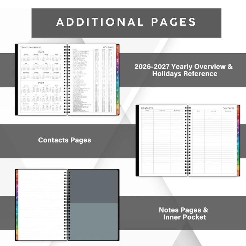 Peut inclure: Un agenda &agrave; reliure spirale comprenant des pages suppl&eacute;mentaires avec un aper&ccedil;u annuel 2026-2027, une liste de jours f&eacute;ri&eacute;s, des pages de contacts avec colonnes nom, adresse et num&eacute;ro, des pages de notes lign&eacute;es et une pochette int&eacute;rieure gris fonc&eacute;.