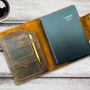 Refillable Leather Planner, Personalized Notebook, A5 Size | 2024-25 Planner with Leather Cover and Pen