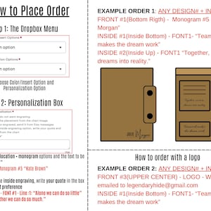 May include: A guide on how to place an order for a personalized notebook. The guide includes a step-by-step process for selecting colors, personalization options, and adding text. Two example orders are shown, one with a monogram and the other with a logo.