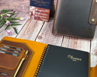2024-25 Leather Planner, Company Gift, Personalized & Refillable Planner with Leather Cover and Pen, A5 planner cover