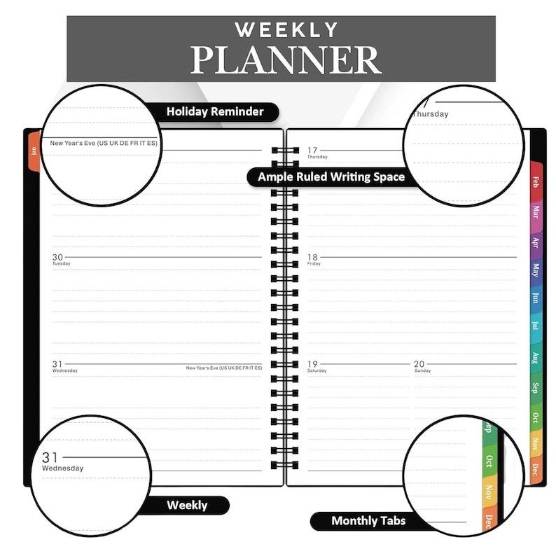 Peut inclure: Un agenda hebdomadaire &agrave; reliure spirale avec des couvertures noires et des pages blanches &agrave; texte noir. La mise en page comprend des espaces d'&eacute;criture lign&eacute;s pour chaque jour, des rappels de jours f&eacute;ri&eacute;s et des onglets mensuels color&eacute;s.