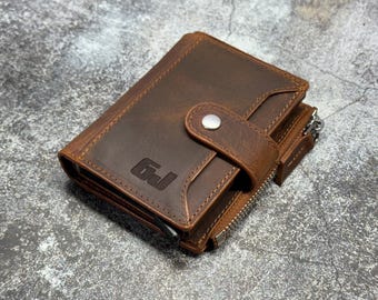 Personalized Leather Wallet for Men, Custom Engraved Bifold with Coin Zipper, ID Window & Card Slots, Name or Logo Gift for Him Husband Dad