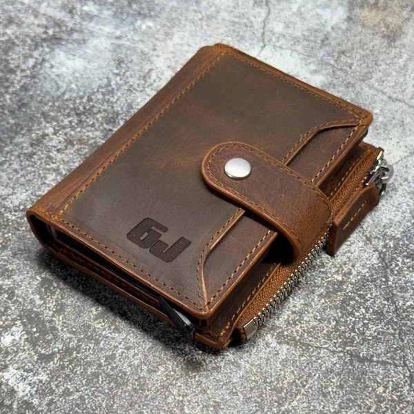 Personalized Leather Wallet for Men, Custom Engraved Bifold with Coin Zipper, ID Window & Card Slots, Name or Logo Gift for Him Husband Dad