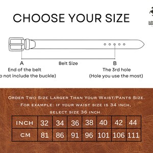 Peut inclure: Un sch&eacute;ma montrant comment mesurer votre taille pour une ceinture. Le sch&eacute;ma montre une ceinture avec une boucle et plusieurs trous. Le texte indique de commander deux tailles au-dessus de votre taille. Par exemple, si votre taille est de 34 pouces, s&eacute;lectionnez une ceinture de taille 36 pouces. Un tableau montre les tailles de ceinture en pouces et en centim&egrave;tres.