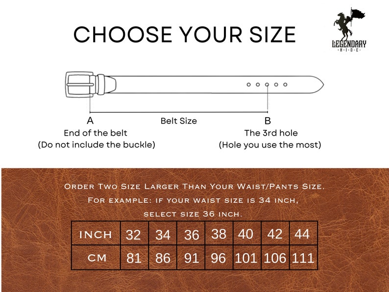 Peut inclure: Un sch&eacute;ma montrant comment mesurer votre taille pour une ceinture. Le sch&eacute;ma montre une ceinture avec une boucle et plusieurs trous. Le texte indique de commander deux tailles au-dessus de votre taille. Par exemple, si votre taille est de 34 pouces, s&eacute;lectionnez une ceinture de taille 36 pouces. Un tableau montre les tailles de ceinture en pouces et en centim&egrave;tres.