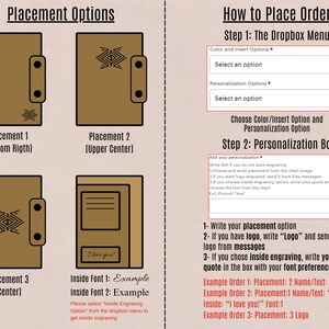 Peut inclure: Un graphique explicatif pour commander des gravures personnalis&eacute;es sur un objet rectangulaire beige. Il pr&eacute;sente trois options de placement pour un logo g&eacute;om&eacute;trique, une interface de menu d&eacute;roulant et une zone de texte pour les instructions.