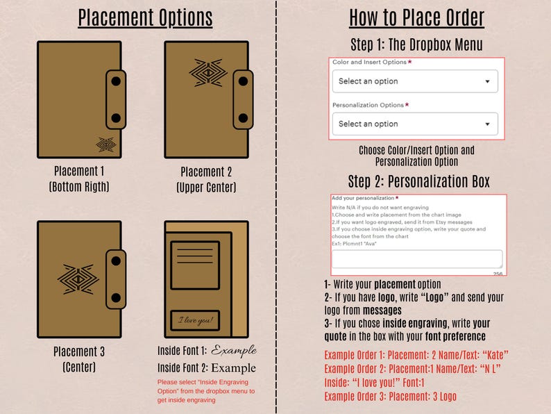 Peut inclure: Un graphique explicatif pour commander des gravures personnalis&eacute;es sur un objet rectangulaire beige. Il pr&eacute;sente trois options de placement pour un logo g&eacute;om&eacute;trique, une interface de menu d&eacute;roulant et une zone de texte pour les instructions.