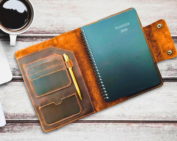 Refillable 2026-2027 Leather Planner, Personalized Leather Journal A5 Size | Leather Organizer with Pen | July 2026-June 2027 Dated Planner