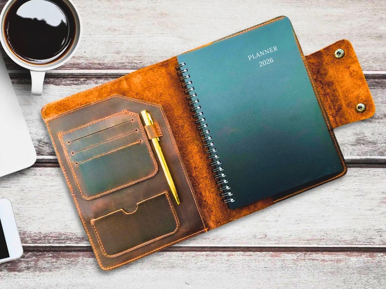 Refillable 2026-2027 Leather Planner, Personalized Leather Journal A5 Size | Leather Organizer with Pen | July 2026-June 2027 Dated Planner D.Brown- 2026Planner