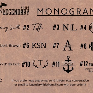 Peut inclure: Un guide pr&eacute;sentant diff&eacute;rents styles de monogrammes pour les articles en cuir. L'image montre 12 styles de monogrammes diff&eacute;rents, y compris des initiales, des noms et des logos. Le texte indique "H-I-D-E LEGENDARY MONOGRAMS".