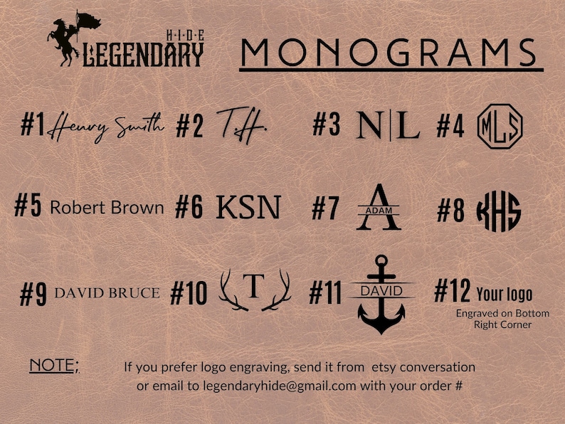 Peut inclure: Un guide pr&eacute;sentant diff&eacute;rents styles de monogrammes pour les articles en cuir. L'image montre 12 styles de monogrammes diff&eacute;rents, y compris des initiales, des noms et des logos. Le texte indique "H-I-D-E LEGENDARY MONOGRAMS".