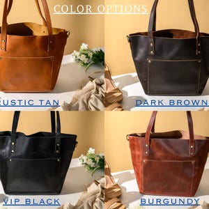Puede incluir: Cuatro bolsos tote de cuero en diferentes colores: marr&oacute;n r&uacute;stico, marr&oacute;n oscuro, negro VIP y burdeos. Cada bolso tiene un bolsillo frontal y dos asas. El texto "COLOR OPTIONS" est&aacute; en la parte superior.