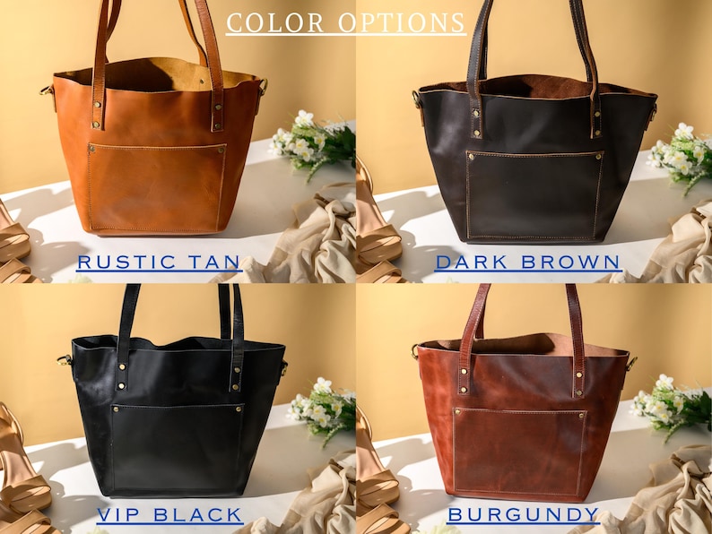 Puede incluir: Cuatro bolsos tote de cuero en diferentes colores: marr&oacute;n r&uacute;stico, marr&oacute;n oscuro, negro VIP y burdeos. Cada bolso tiene un bolsillo frontal y dos asas. El texto "COLOR OPTIONS" est&aacute; en la parte superior.