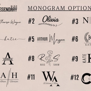 Puede incluir: Un fondo beige muestra 12 opciones de monogramas en negro. El texto incluye nombres, iniciales y un logotipo de empresa. La palabra "LEGENDARY" est&aacute; encima de las opciones de monogramas, con el texto "MONOGRAM OPTIONS" en la parte superior.