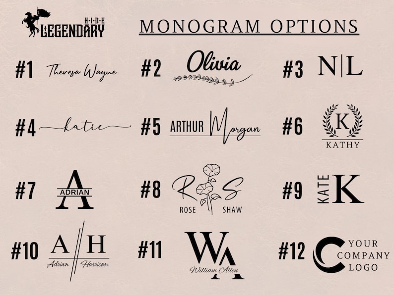 Puede incluir: Un fondo beige muestra 12 opciones de monogramas en negro. El texto incluye nombres, iniciales y un logotipo de empresa. La palabra "LEGENDARY" est&aacute; encima de las opciones de monogramas, con el texto "MONOGRAM OPTIONS" en la parte superior.