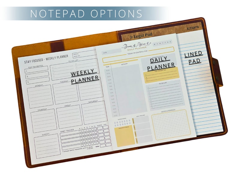 May include: A leather notepad with various paper inserts. The notepad includes a weekly planner, a daily planner, and a lined pad. The text "NOTEPAD OPTIONS", "WEEKLY PLANNER", and "DAILY PLANNER" are visible.