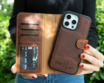 Personalized Leather iPhone 16 Pro Wallet Case: Handmade Phone Cover with Stand