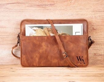 Personalized Leather MacBook Sleeve 14” / 16” – Slim Laptop Case, Monogram Initials, Suede Lined Cover for Pro & Air