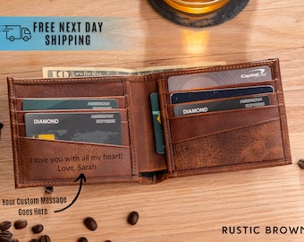 May include: Rustic brown leather wallet with multiple card slots and a personalized message inside. The message reads "I love you with all my heart! Love, Sarah".