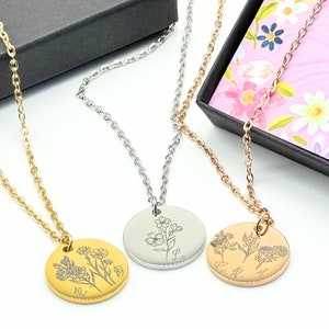 Custom Birth Flower Necklace Personalized Birth Month Coin Jewelry with Engraved Name or Initial Pendant for Mom Meaningful Best Friend Gift