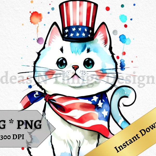 Fourth of July SVG PNG Americana Cute Cat Instant Download Invitations Printable Art Independence Day Clipart Print on Demand Commercial Use