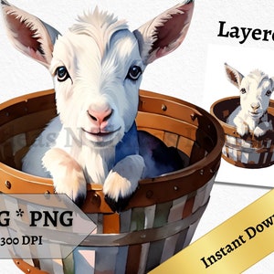 Goat SVG PNG Farm Animal in Bucket Instant Download Invitation Printable Wall Art Baby Nursery Decor Clipart Print on Demand Commercial Use