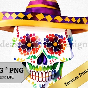 Sugar Skull SVG PNG Cinco de Mayo Watercolor Instant Download Invitation Printable  Wall Art Decor Day of the Dead Clipart Commercial Use