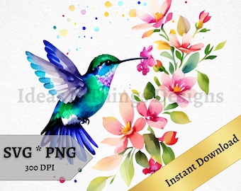 Hummingbird SVG PNG Watercolor Bird Instant Download Invitations Printable Wall Art Decor Hummingbird Clipart Print on Demand Commercial Use