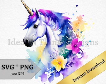Unicornio SVG y PNG Descarga instantánea para Unicorn Sticker Crafts Imprimible Wall Art Decor Unicorn Clipart para impresión bajo demanda Uso comercial