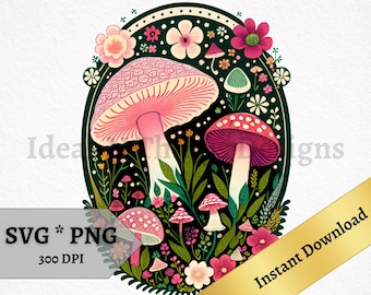Mushroom SVG PNG Cottagecore Instant Download Invitation Printable Wall Art Decor Flower Mushrooms Clipart Print on Demand Commercial Use