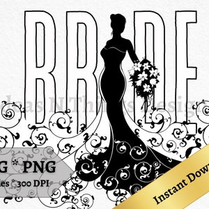 Noiva SVG PNG Download instantâneo da dama de honra, arte de parede para impressão de convites, presentes de camisa, decoração, clipart de noiva impressão sob demanda para uso comercial